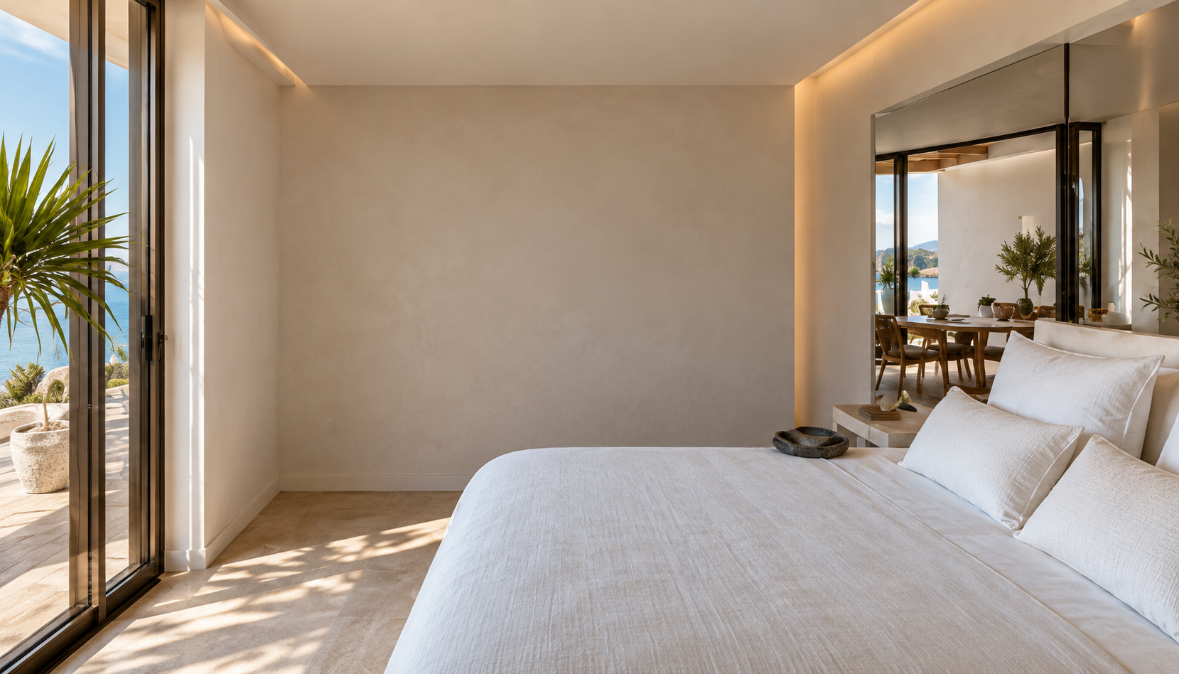Chambre épurée et lumineuse avec literie blanche